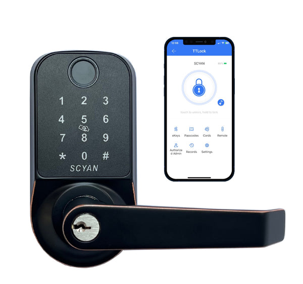 Scyan X1, 5 in 1 Fingerprint Door Lock, Touchscreen Keypad Door Lock, for Office, Home, Airbnb, Rental House, Aged Bronze