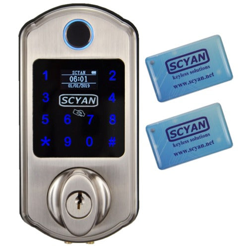 D6 Fingerprint Touchscreen Key Fob Deadbolt with OLED Display in Satin Nickel